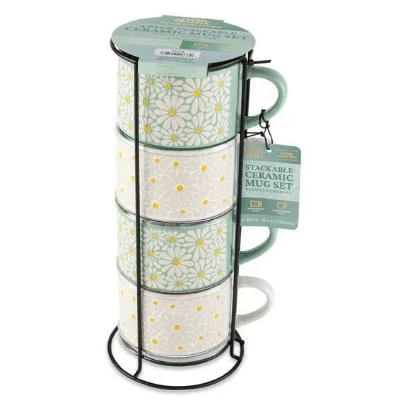 Thyme & Table 11.1 fl oz White and Green Floral Stoneware Stacking Mugs with Wire Rack, Set of 4