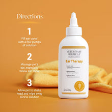 Veterinary Formula ear therapy bottle with directions text overlay