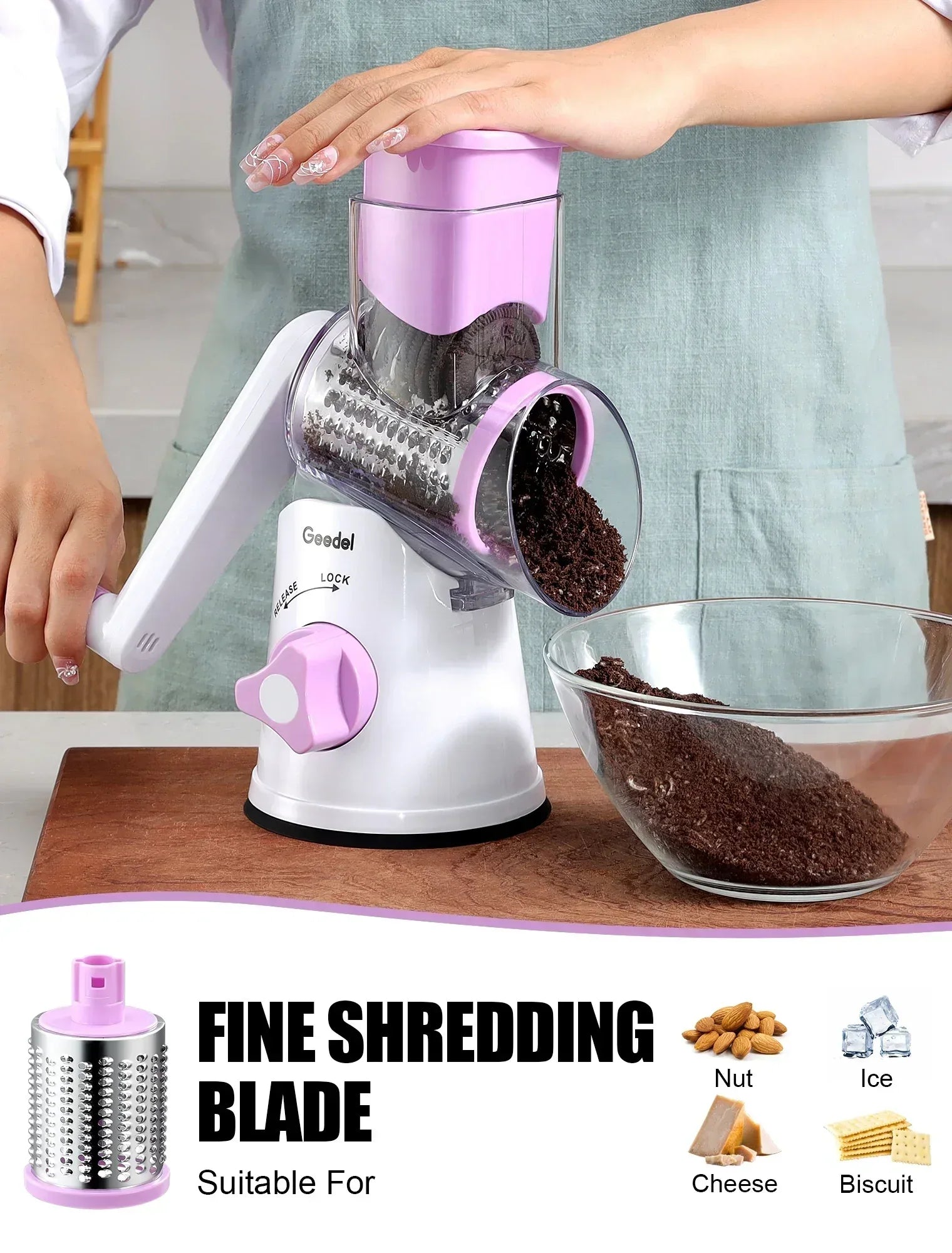 Geedel Rotary Cheese Grater, Kitchen Grater Vegetable Slicer with 3 Interchangeable Blades, Powerful Suction, Dishwasher Safe, Easy to Clean Grater for Vegetable, Fruit, Nuts - USA MEGA SHOP
