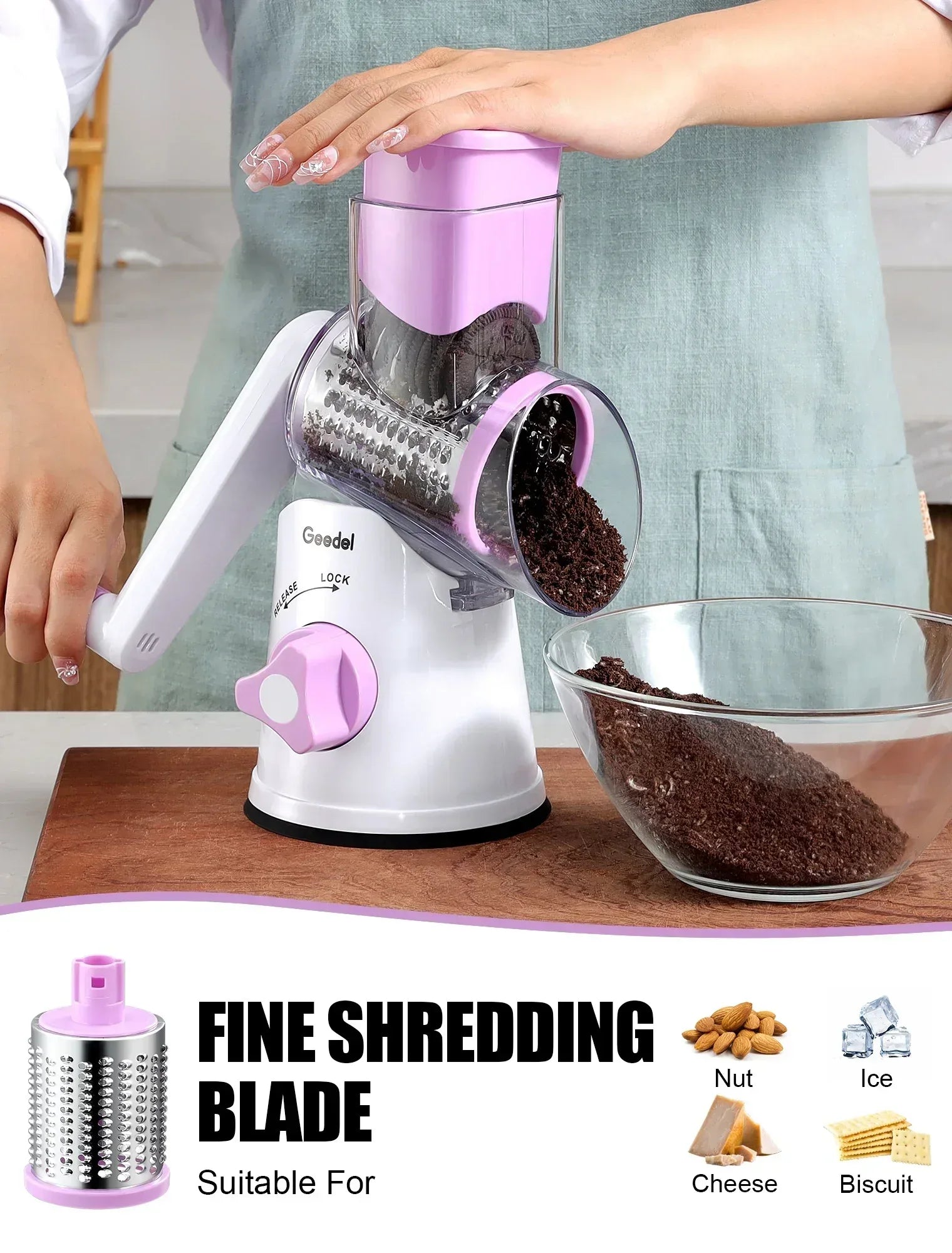 Geedel Rotary Cheese Grater, Kitchen Grater Vegetable Slicer with 3 Interchangeable Blades, Powerful Suction, Dishwasher Safe, Easy to Clean Grater for Vegetable, Fruit, Nuts