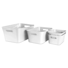 Set of three white plastic storage bins with side carry handles, nested and stacked