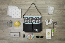 Black monkey-print zip-top diaper bag tote with mint trim and front pockets