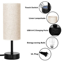 Touch table lamp diagram: linen drum shade, black base with USB A+C ports