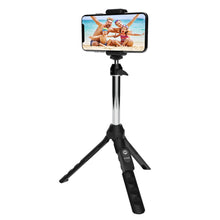 Black selfie tripod with smartphone holder and three-legged tripod base