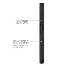 Black waterproof phone case side profile with covered buttons and slim design