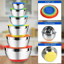 Stacked stainless mixing bowls with colored rims and silicone non-slip base