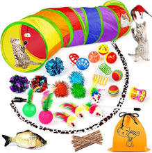 Rainbow cat tunnel plus assorted cat toys including plush fish and crinkle balls