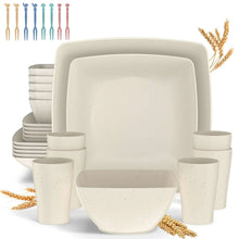 Beige square dinnerware set with stacked dinner plates, bowls, and cups