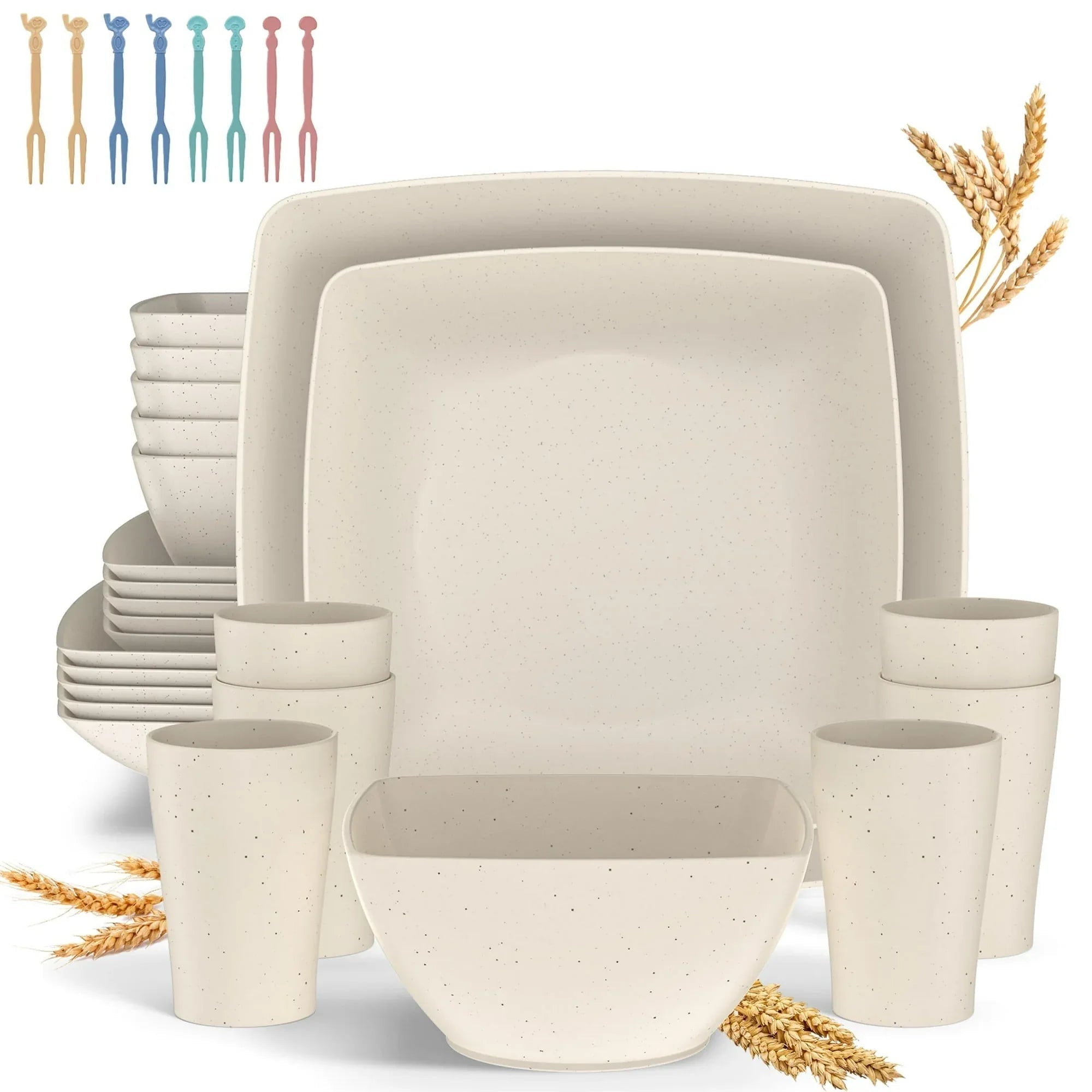 GPED 24 Pcs Wheat Straw Square Dinnerware Sets For 4, Unbreakable Dish Sets, Reusable Plates and Bowls Sets, Dinner Plates, Travel Camping Cutlery Set, Dishwasher Microwave Safe, Beige