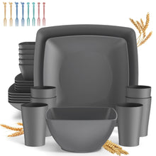 Gray wheat-straw square dinnerware set, stack of plates, bowls and cups