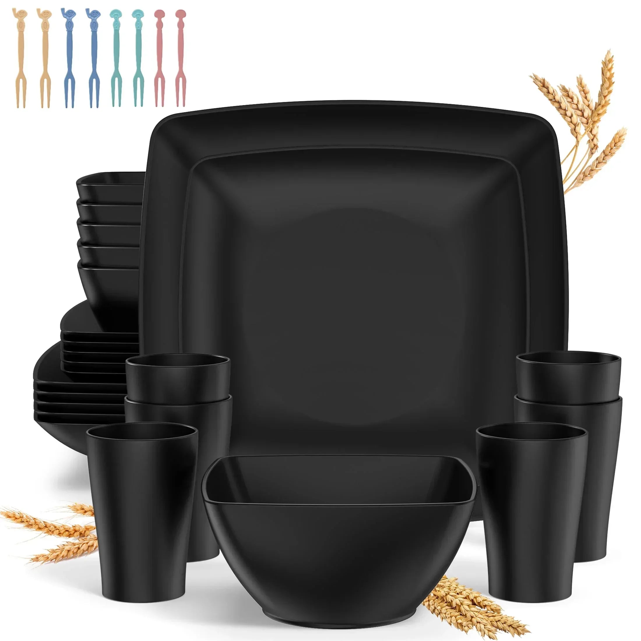 GPED 32 Pcs Wheat Straw Square Dinnerware Sets For 6, Unbreakable Dish Sets, Reusable Plates and Bowls Sets, Dinner Plates, Travel Camping Cutlery Set, Dishwasher Microwave Safe, Beige