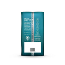 Ground coffee bag, teal back panel with barcode and flavor details