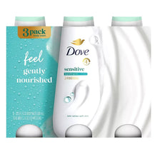 3-pack body wash cartons with Dove Sensitive Skin label and turquoise accents