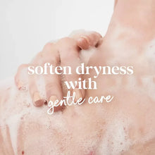 Hypoallergenic body wash with foamy lather on hands; softens dryness text overlay