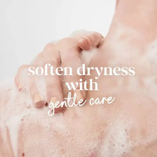 Body wash lather on hands with softer dryness with gentle care text