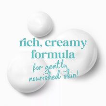 Hypoallergenic body wash bottle with rich, creamy formula text and soap bubbles
