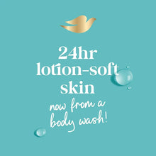 Body wash promotional graphic for 24hr lotion-soft skin with water droplet icons