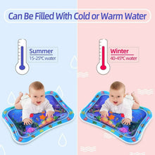 Inflatable water tummy time mat by BUSATIA with ocean print, baby kneeling on it