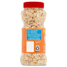 Dry roasted, unsalted peanuts jar with red lid; back label panel visible