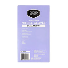 Disposable nitrile glove box back panel, small/medium, with barcode and product specs