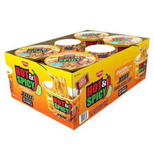 Nissin Hot & Spicy chicken ramen multipack carton, side view with bowls graphics