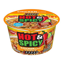 Nissin Hot & Spicy chicken ramen cup with chili sauce packet graphic