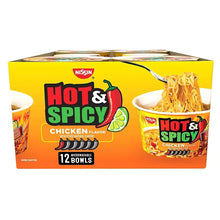 Nissin Hot & Spicy chicken ramen multipack box, front view with bowl photo