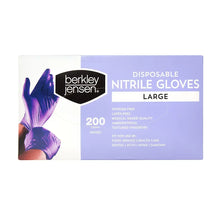 Disposable nitrile gloves box, Large, 200-count; front panel with purple glove graphics.