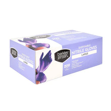 Disposable nitrile gloves box, Large, 200-count; side view with logo and glove graphics.