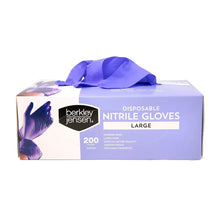 Disposable nitrile gloves box, Large, 200-count; top view with purple glove print.