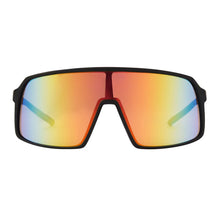 Black sport sunglasses with wraparound mirrored lenses, front view