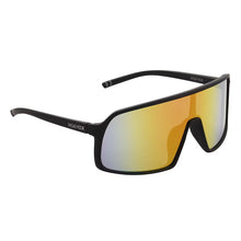 Black sport sunglasses with orange-yellow mirrored lenses, side profile