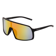 Black sport sunglasses with gold mirrored lenses and curved frame, angled view
