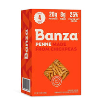Banza penne pasta box, angled side and front views with chickpea penne label