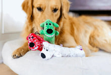 Stuffed plush dog toys with sparkly snowflake print, red and white loofa