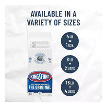 Charcoal briquettes pack with available sizes chart (4 lb, 8 lb, 16 lb) icons