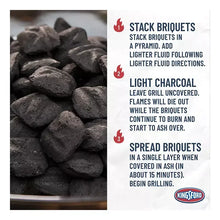 Stack of charcoal briquettes with instructional steps on a product insert