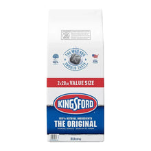 Charcoal briquettes pack with KINGFORD Original branding and 2x20 lb value size label