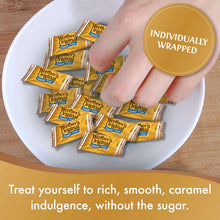 Individually wrapped sugar-free caramel chocolate hard candies on a plate