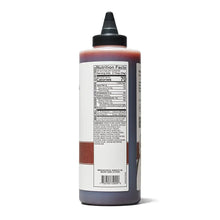 BBQ sauce bottle with black cap, Nutrition Facts label and ingredients block