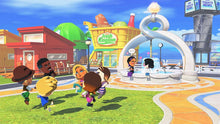 In-game characters running on a path near a large fountain