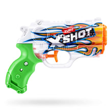 Water blaster gun with green grip and orange-blue patterned barrel with graphic streaks