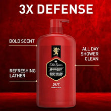 Red body wash pump bottle with Old Spice Swagger label and 24/7 shower fresh