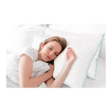 White memory foam pillow with blue piping shown in a sleep pose