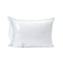 Quilted memory foam pillow in white with blue piping and fabric cover