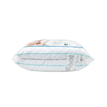 Quilted white memory foam pillow pair with blue piping, side view and labels