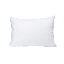 Quilted memory foam pillow, white with blue piping on the edges
