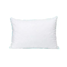 White quilted memory foam pillow with blue edge piping, front view