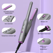 2-in-1 mini hair straightener/curler with ceramic plates and swivel cord, purple accents