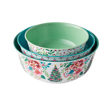 Melamine bowl set stacked, floral outer print with mint-green interior